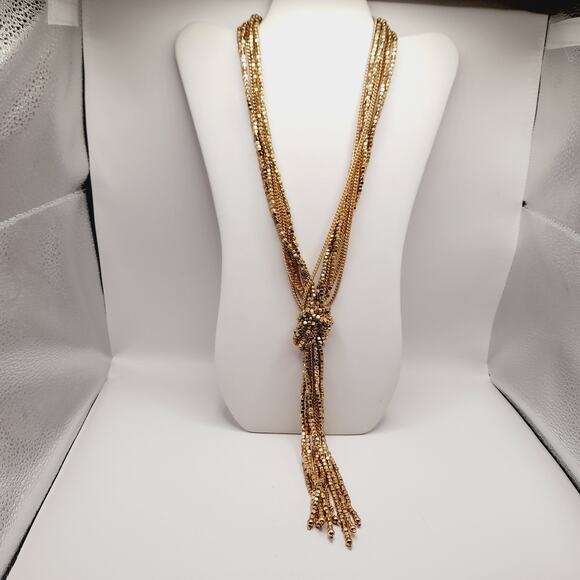 Chico’s Gold Tone 9-Strand Knotted Tassel Necklace, 26", Statement Piece - Picture 7 of 11